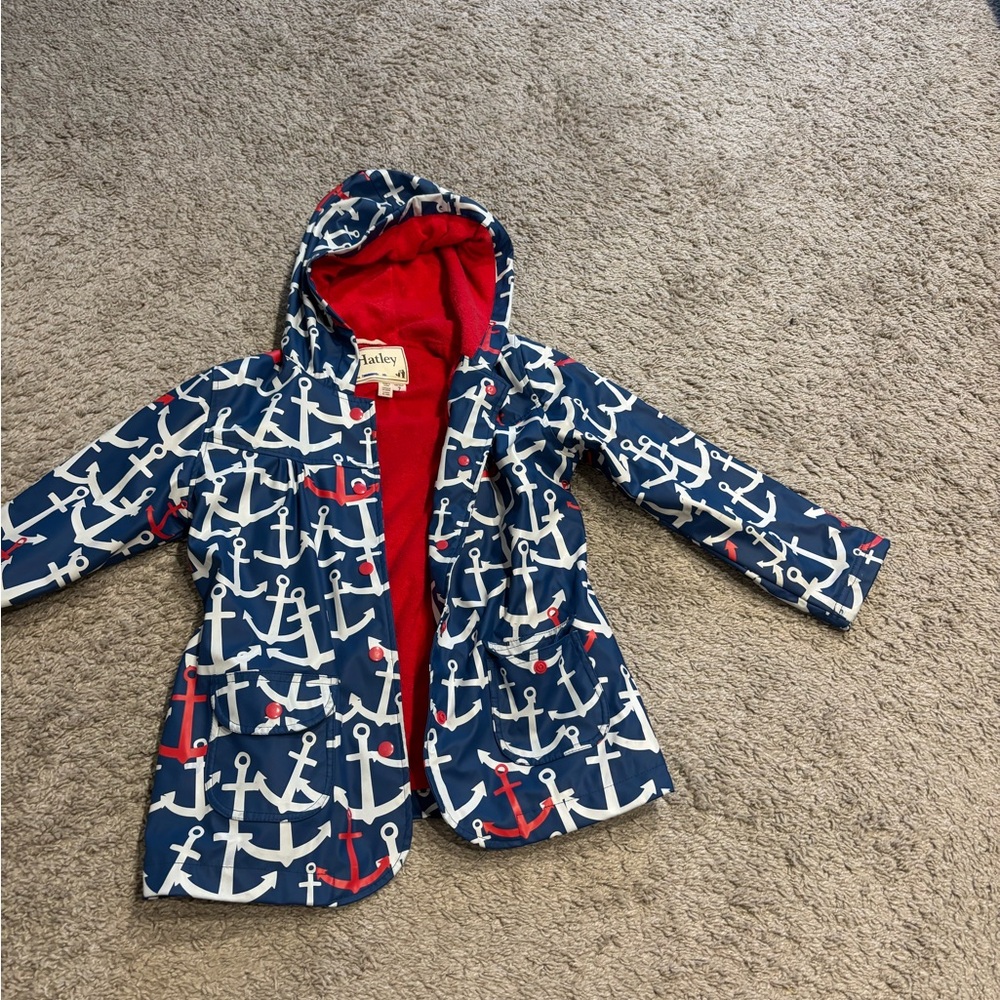 Hatley Navy Anchor Print Raincoat size 7 with Red Lining